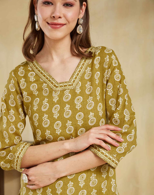 Cotton Blend Printed and Lace Straight Kurta with Pant & Dupatta
