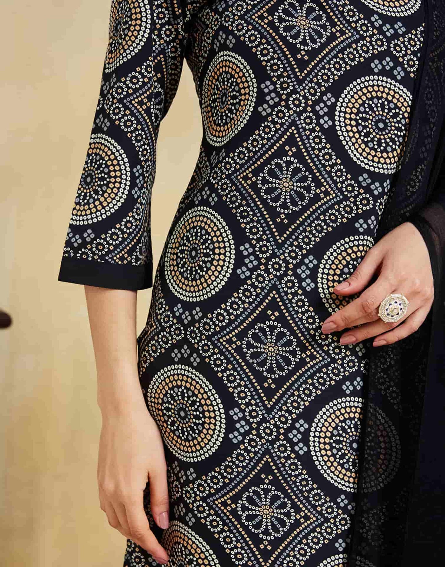Crepe Bandhani Print and Lace Straight Kurta with Pant & Dupatta