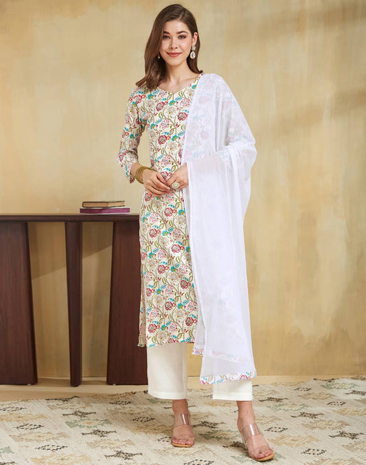 White Rayon Printed Straight Kurta Set with Pant & Dupatta for Women