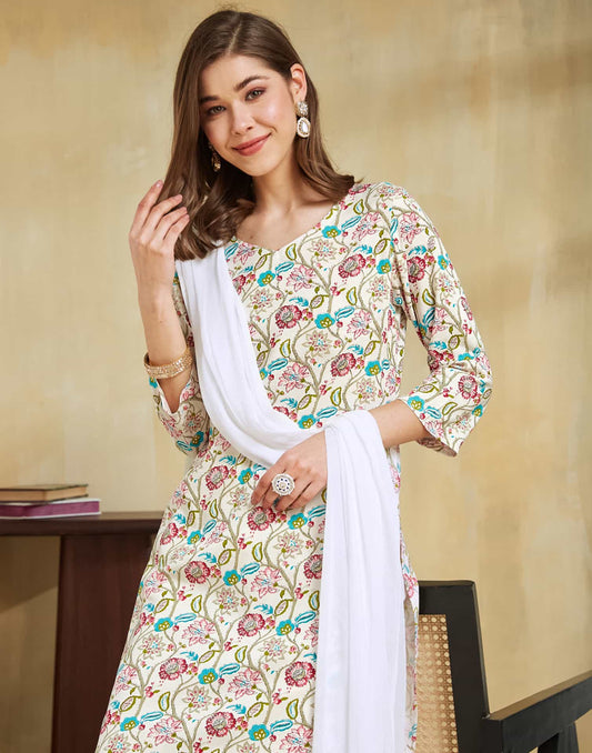 White Rayon Printed Straight Kurta Set with Pant & Dupatta for Women