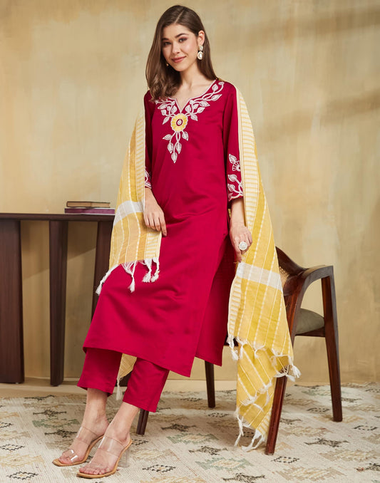 Cotton Blend Embroidery Straight Kurta with Pant & Dupatta
