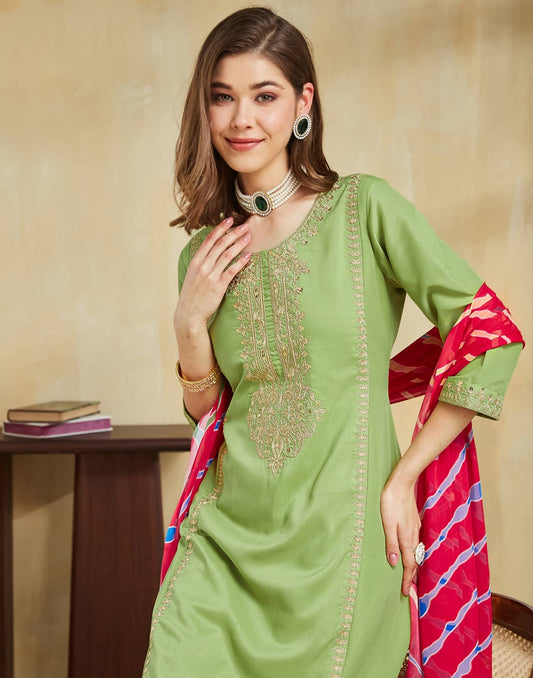 Light Green Cotton Embroidered Straight Kurta Set with Pant & Dupatta for Women