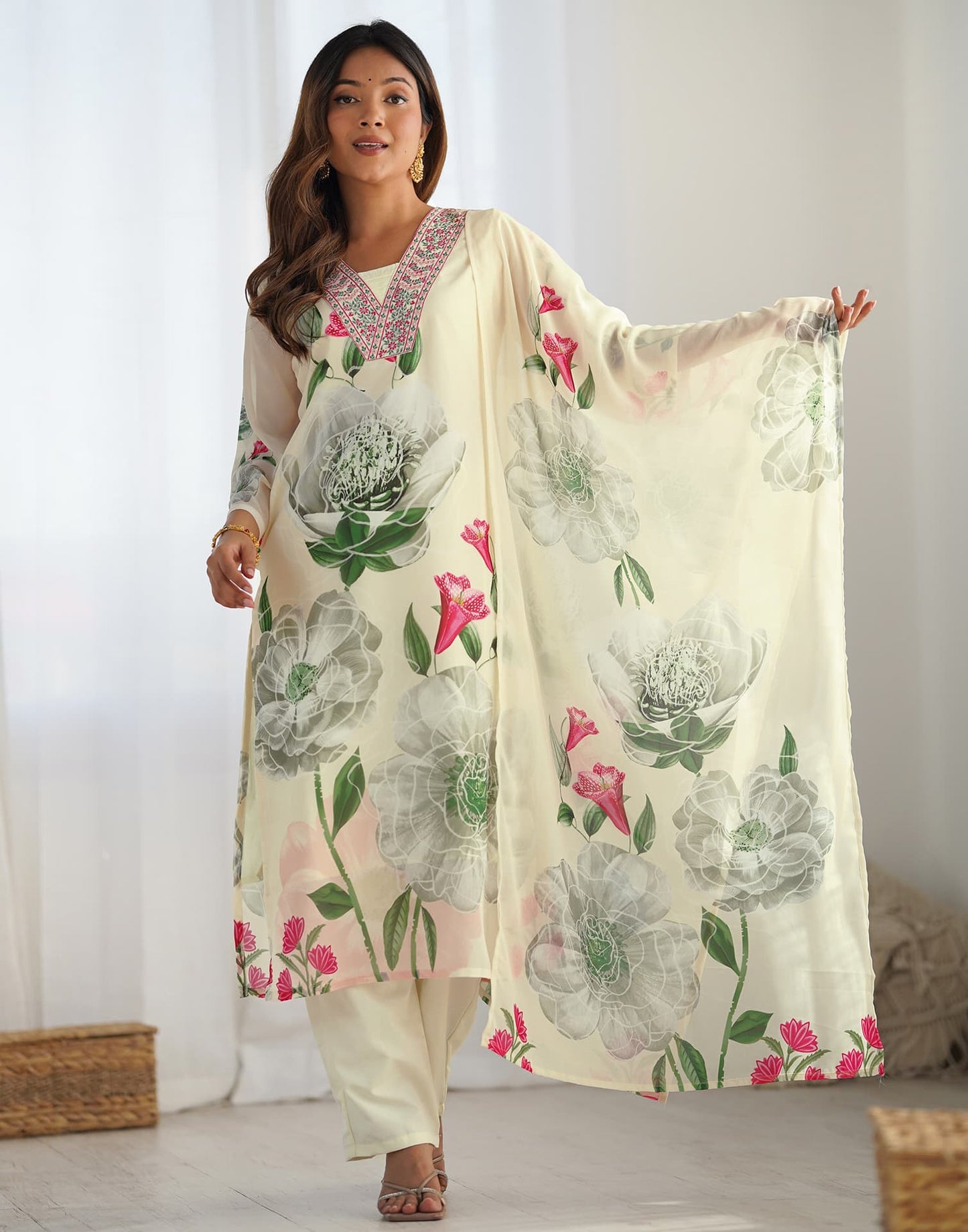 Georgette Floral Printed and Embroidery Straight Kurta with Pant & Dupatta
