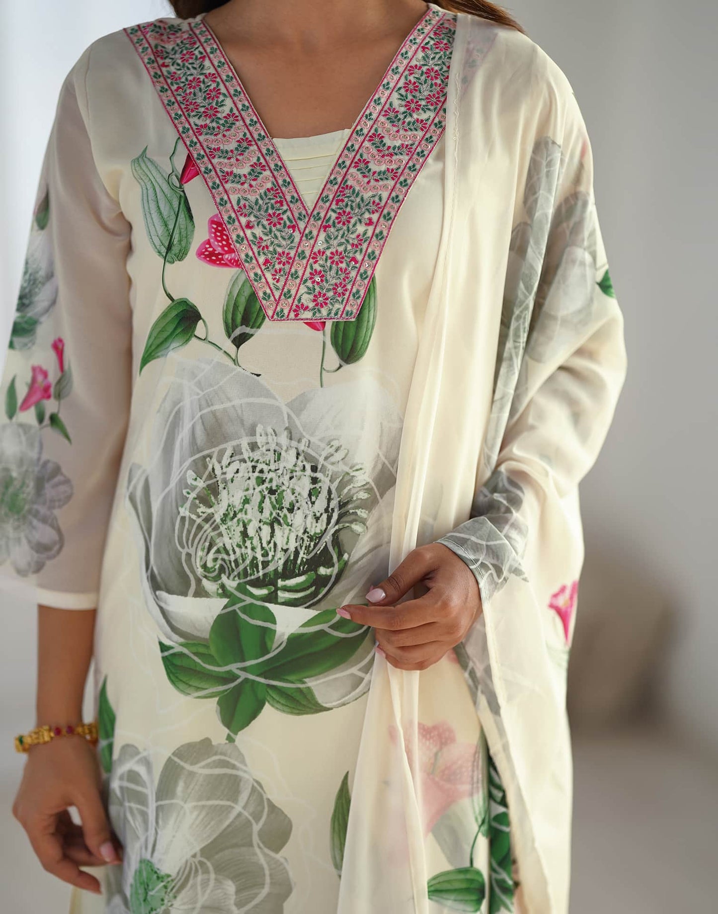 Georgette Floral Printed and Embroidery Straight Kurta with Pant & Dupatta