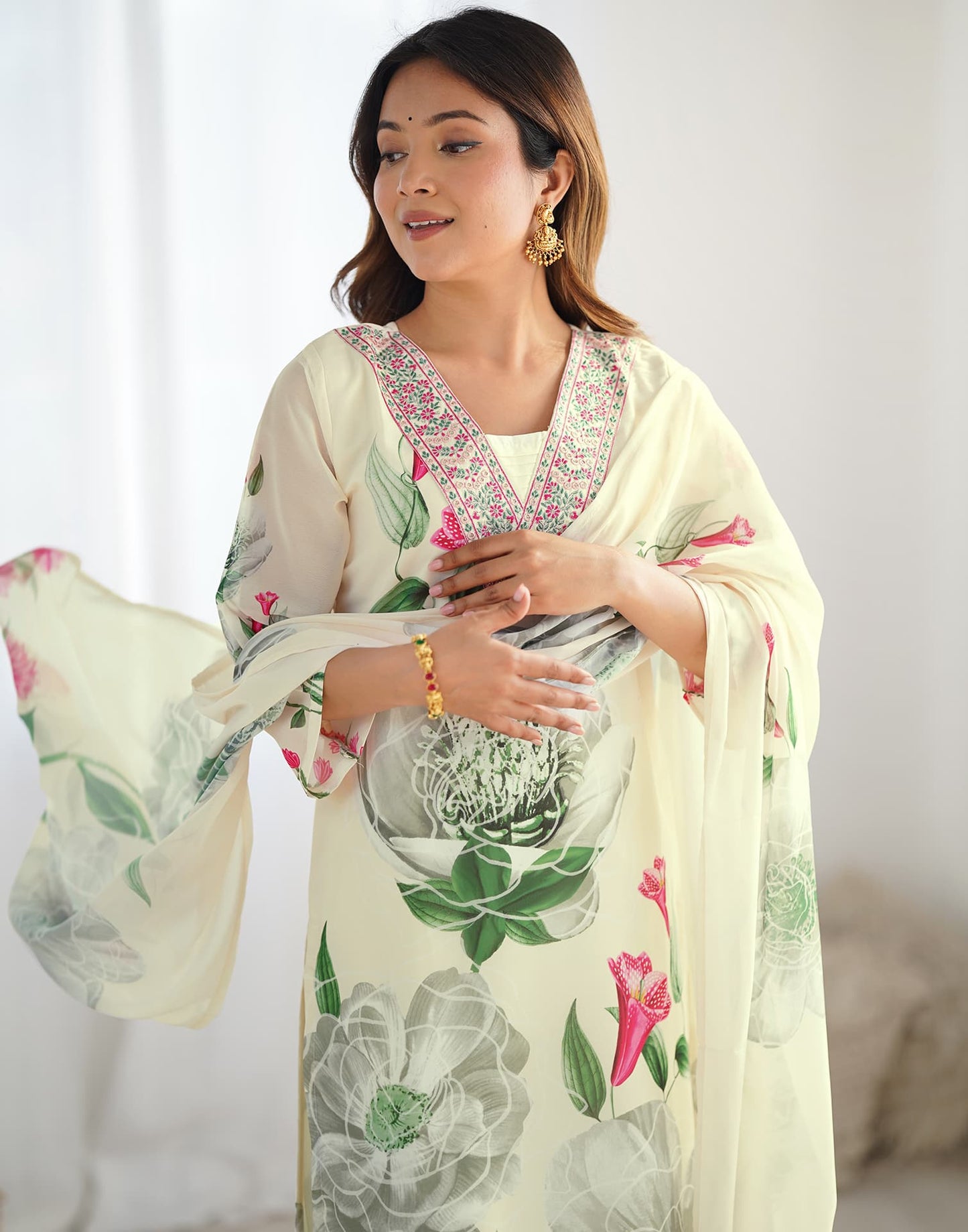 Georgette Floral Printed and Embroidery Straight Kurta with Pant & Dupatta