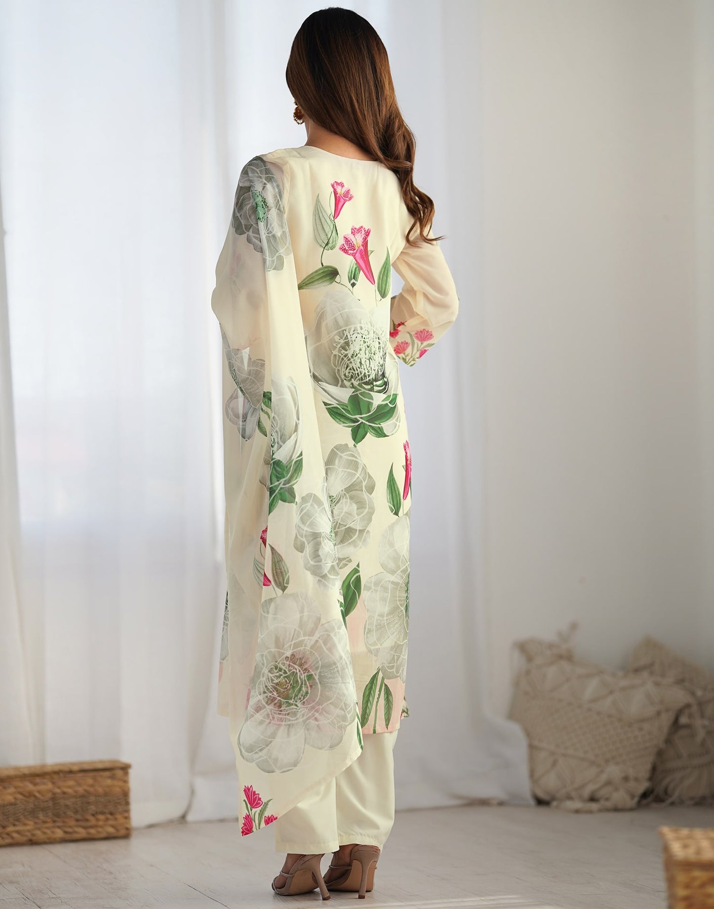Georgette Floral Printed and Embroidery Straight Kurta with Pant & Dupatta
