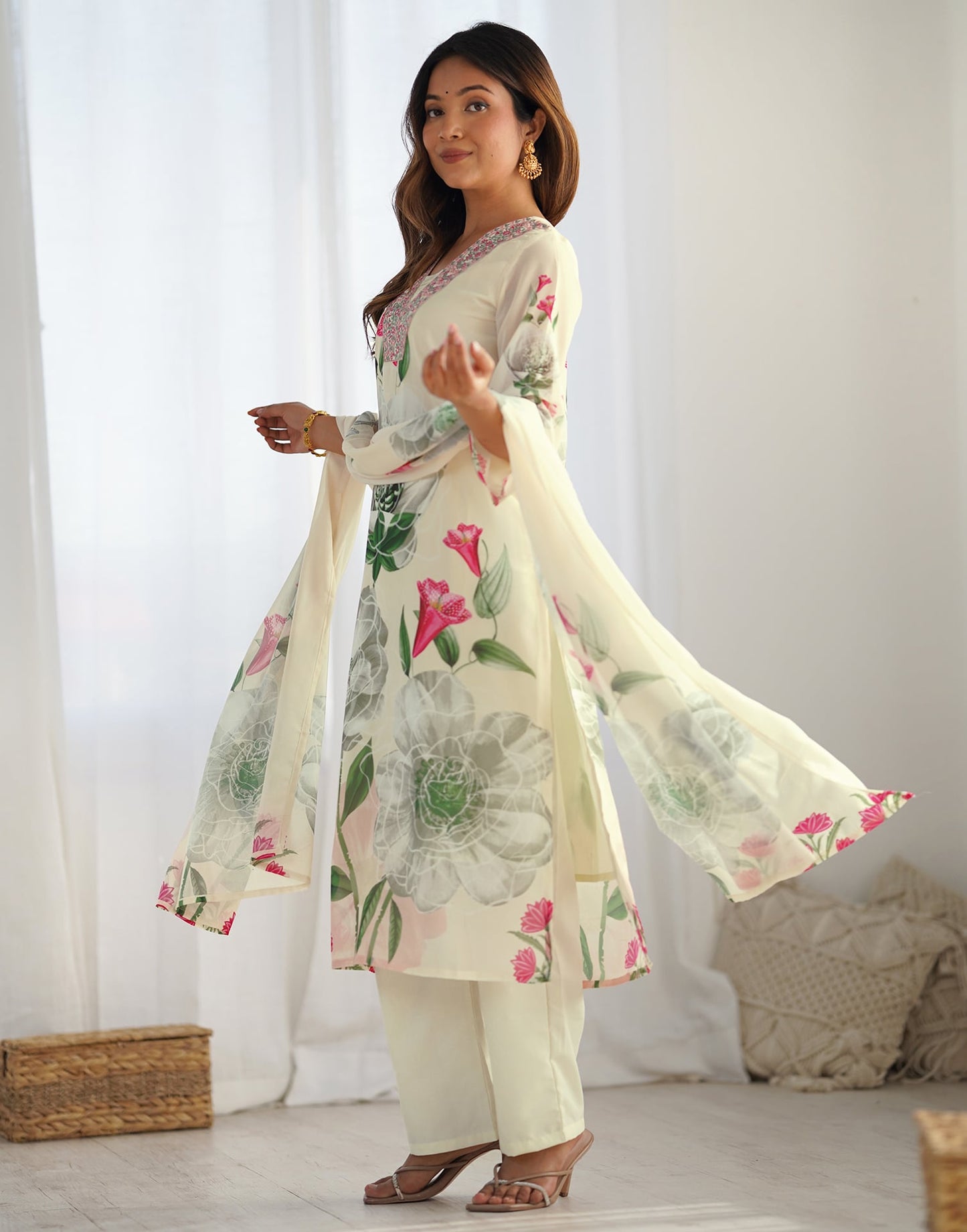 Georgette Floral Printed and Embroidery Straight Kurta with Pant & Dupatta