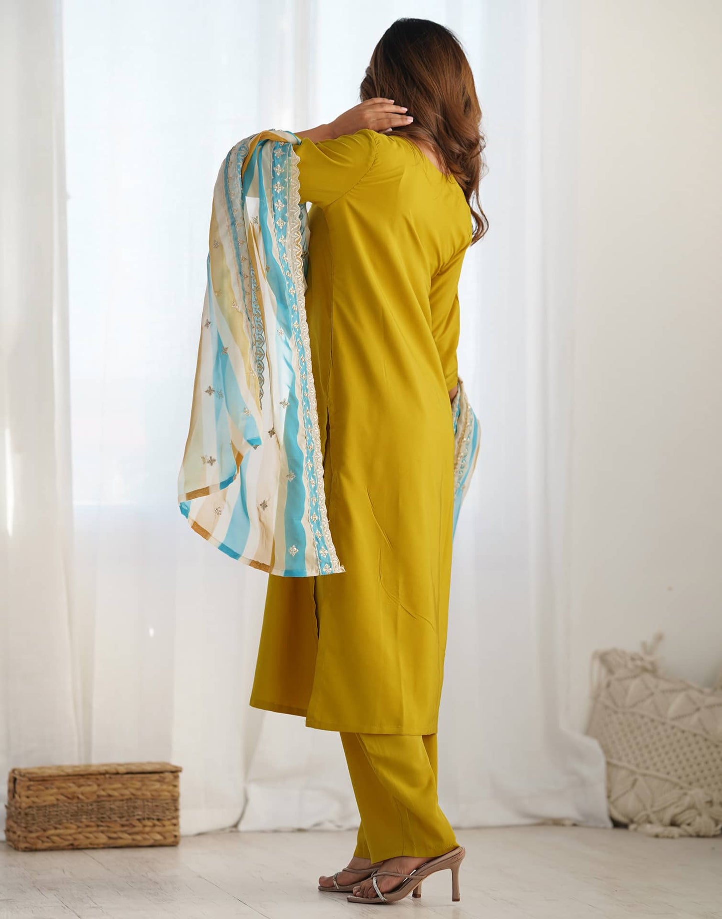 Silk Embroidery and Sequin Work Straight Kurta with Pant & Dupatta