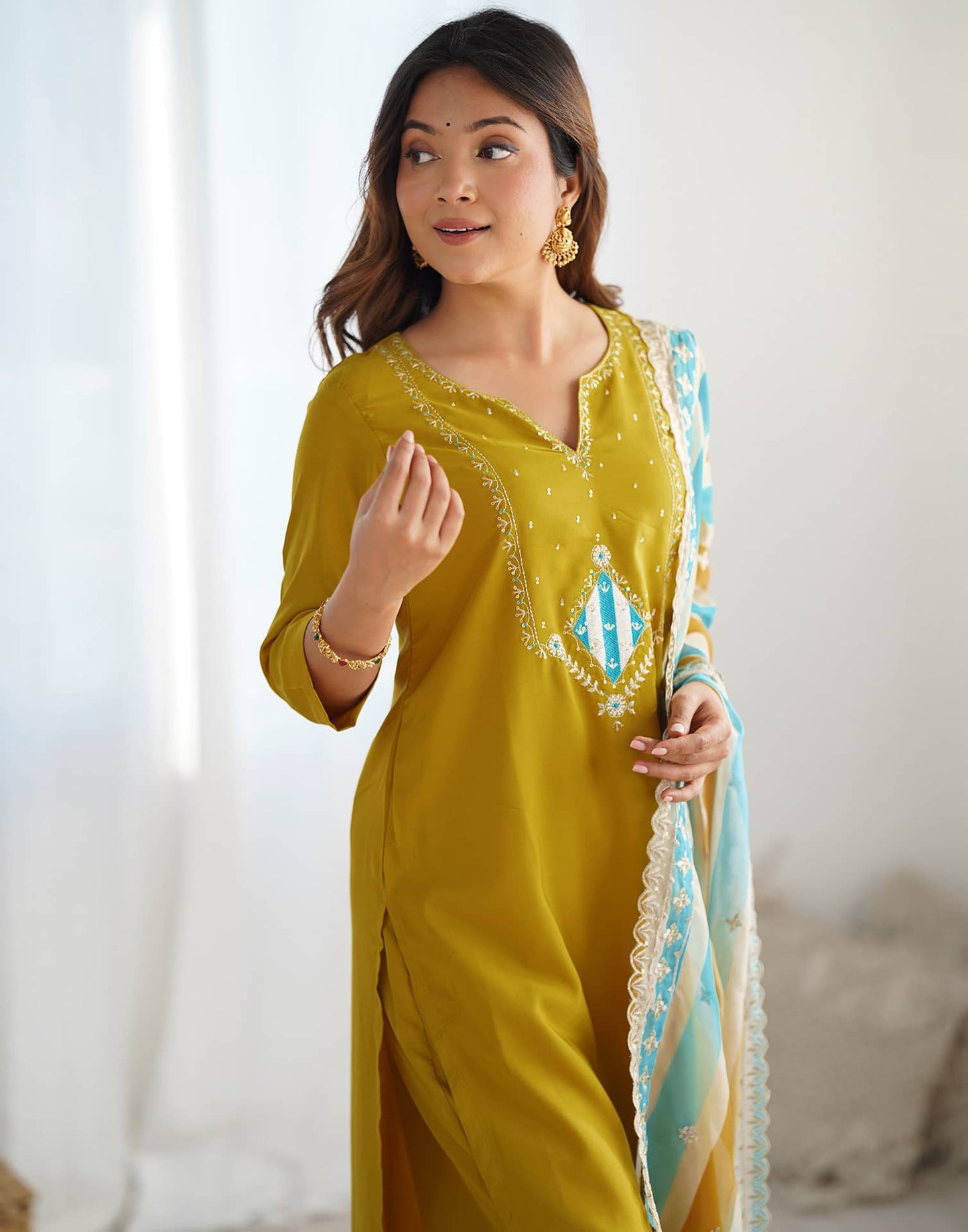 Silk Embroidery and Sequin Work Straight Kurta with Pant & Dupatta
