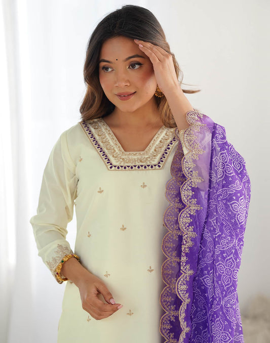 Silk Embroidery and Sequin Work Straight Kurta with Pant & Dupatta