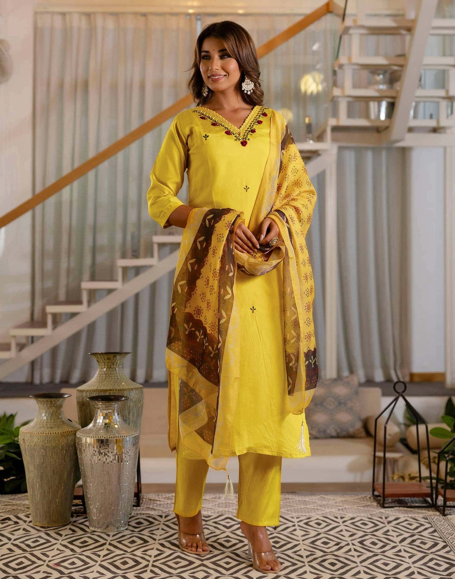 Silk Embroidery, Mirror Work and Lace Straight Kurta with Pant & Dupatta