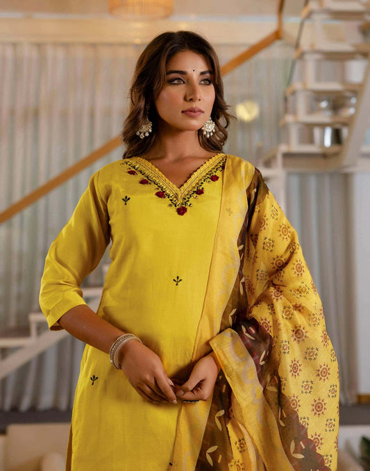 Silk Embroidery, Mirror Work and Lace Straight Kurta with Pant & Dupatta