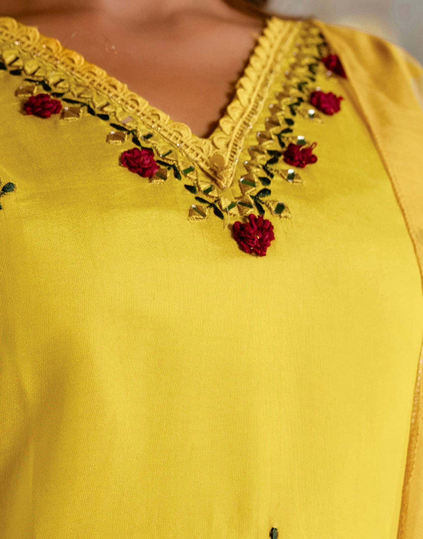 Silk Embroidery, Mirror Work and Lace Straight Kurta with Pant & Dupatta