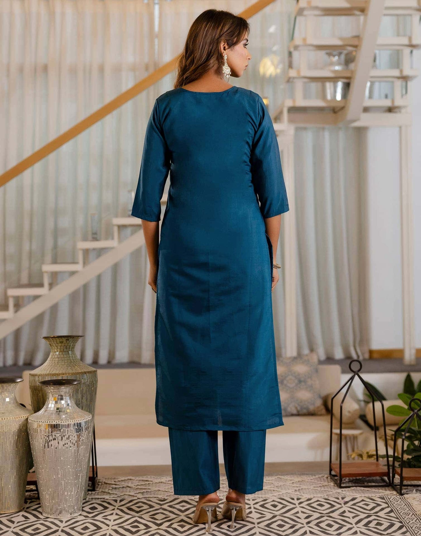 Silk Embroidery and Mirror Work Straight Kurta with Pant & Dupatta