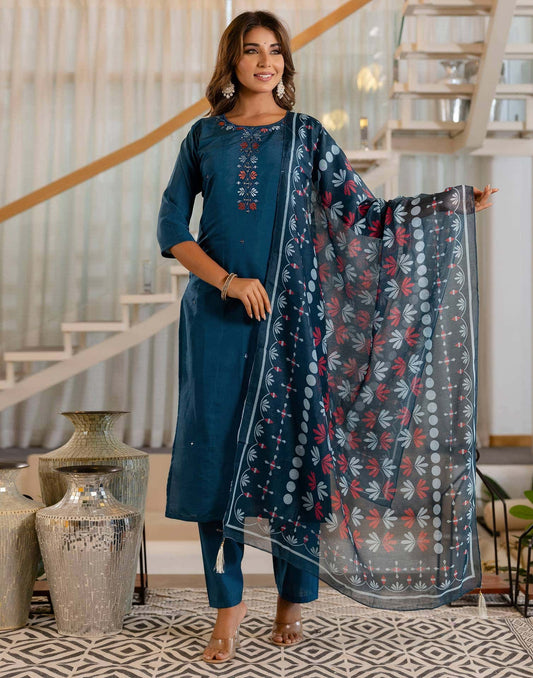 Silk Embroidery and Mirror Work Straight Kurta with Pant & Dupatta