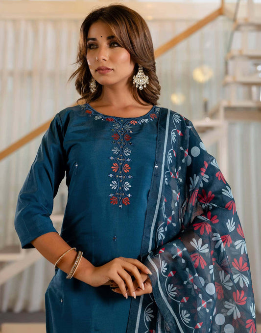 Silk Embroidery and Mirror Work Straight Kurta with Pant & Dupatta