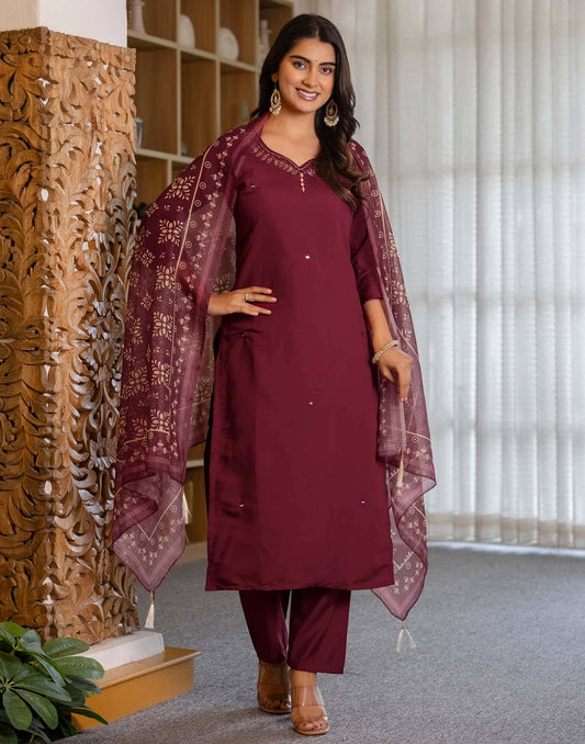 Silk Embroidery and Mirror Work Straight Kurta with Pant & Dupatta