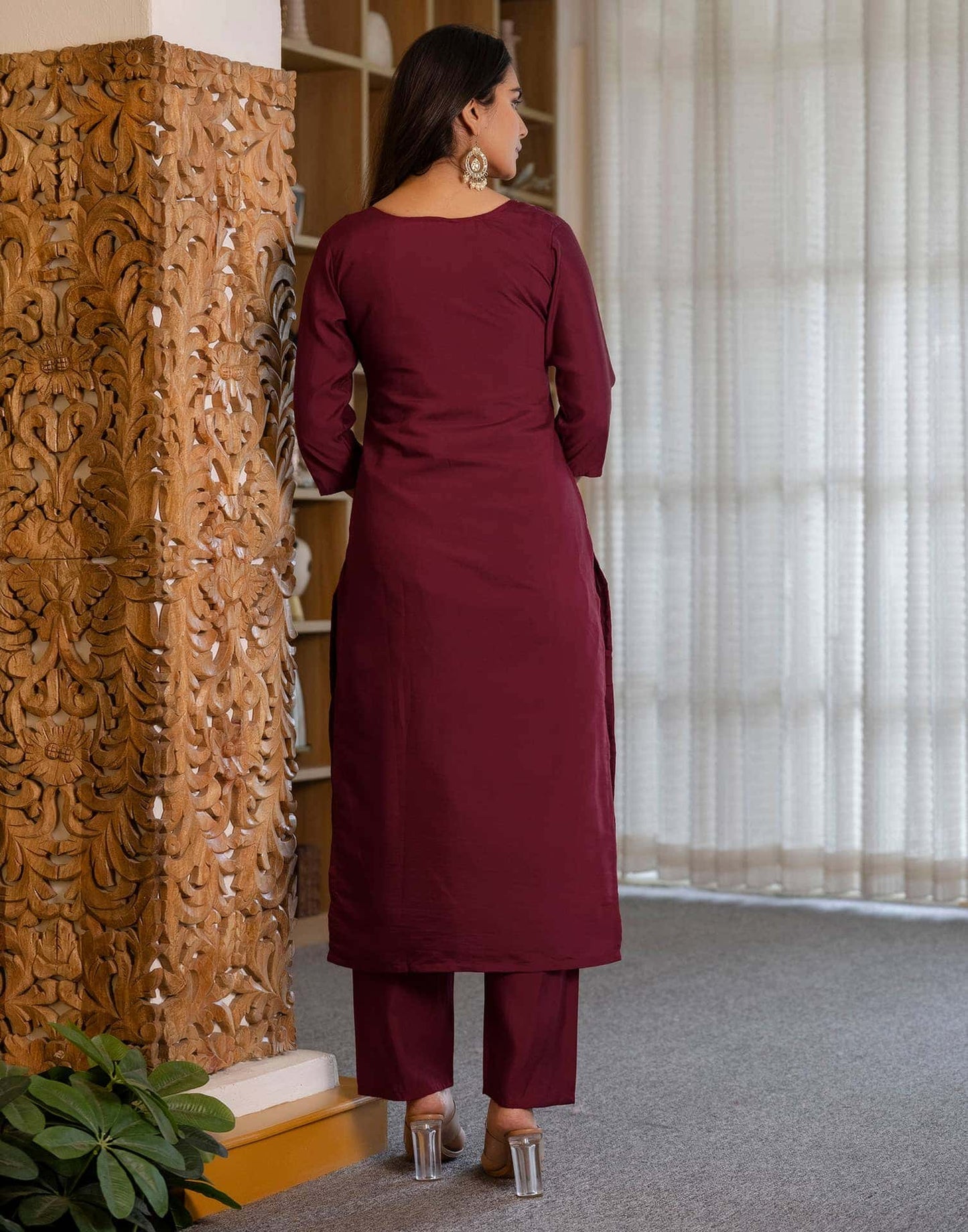 Silk Embroidery and Mirror Work Straight Kurta with Pant & Dupatta