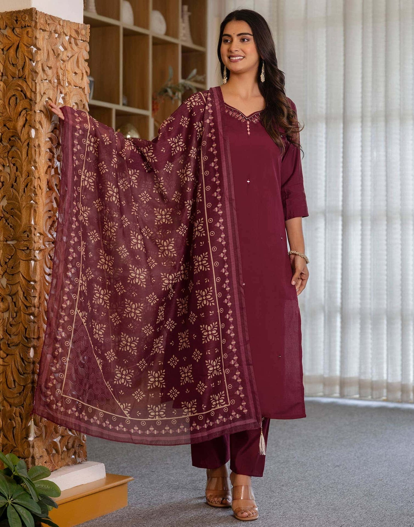 Silk Embroidery and Mirror Work Straight Kurta with Pant & Dupatta