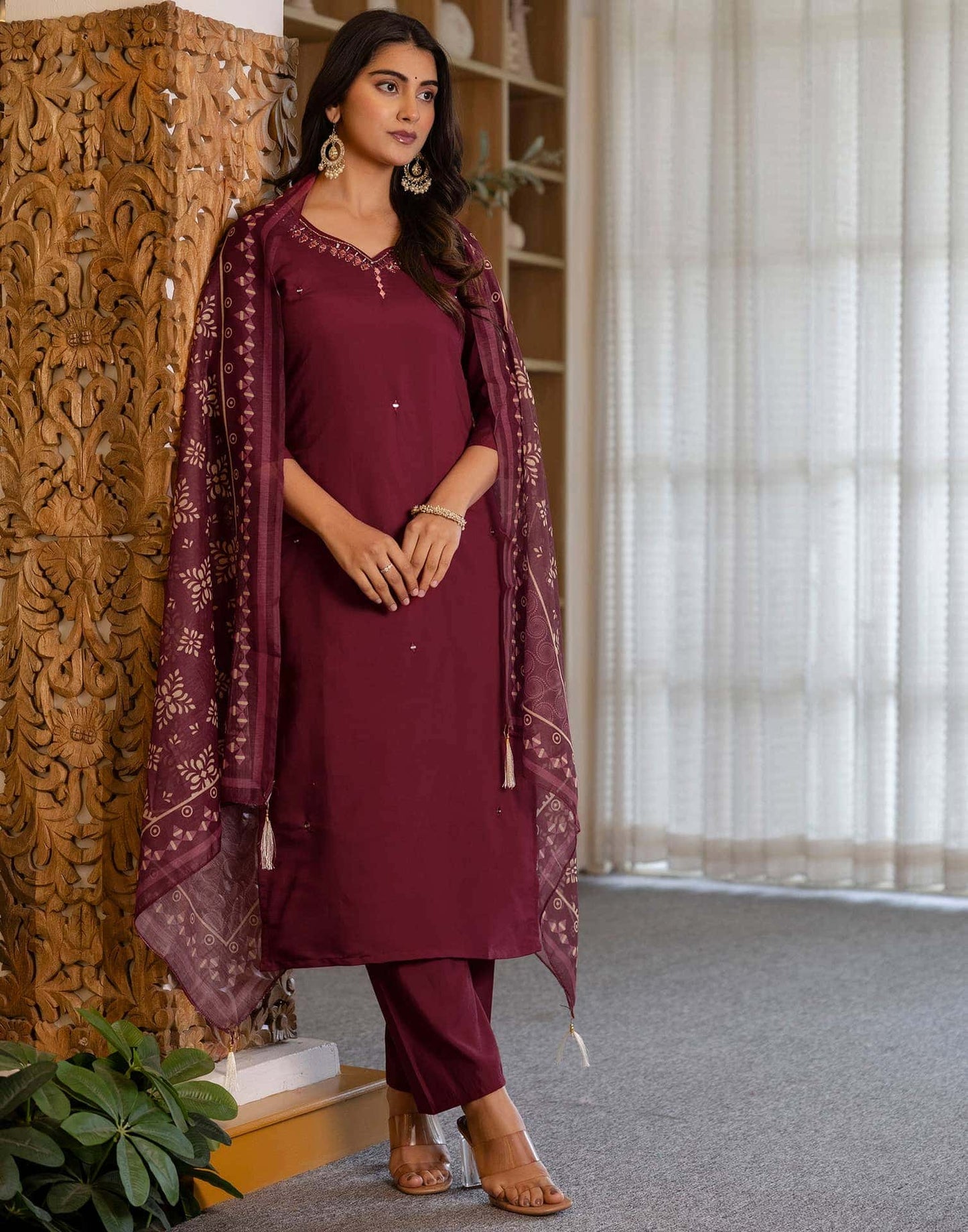 Silk Embroidery and Mirror Work Straight Kurta with Pant & Dupatta