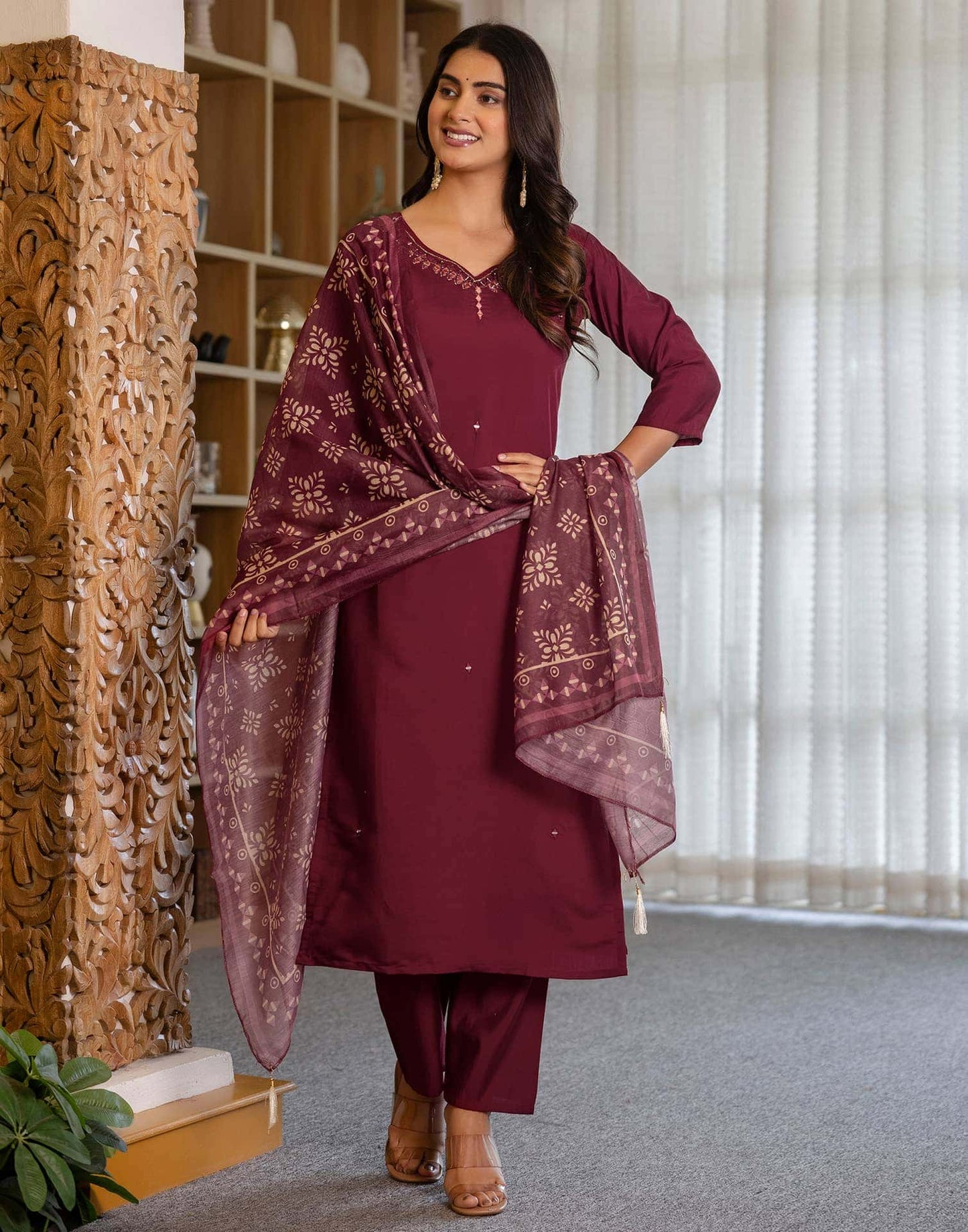 Silk Embroidery and Mirror Work Straight Kurta with Pant & Dupatta