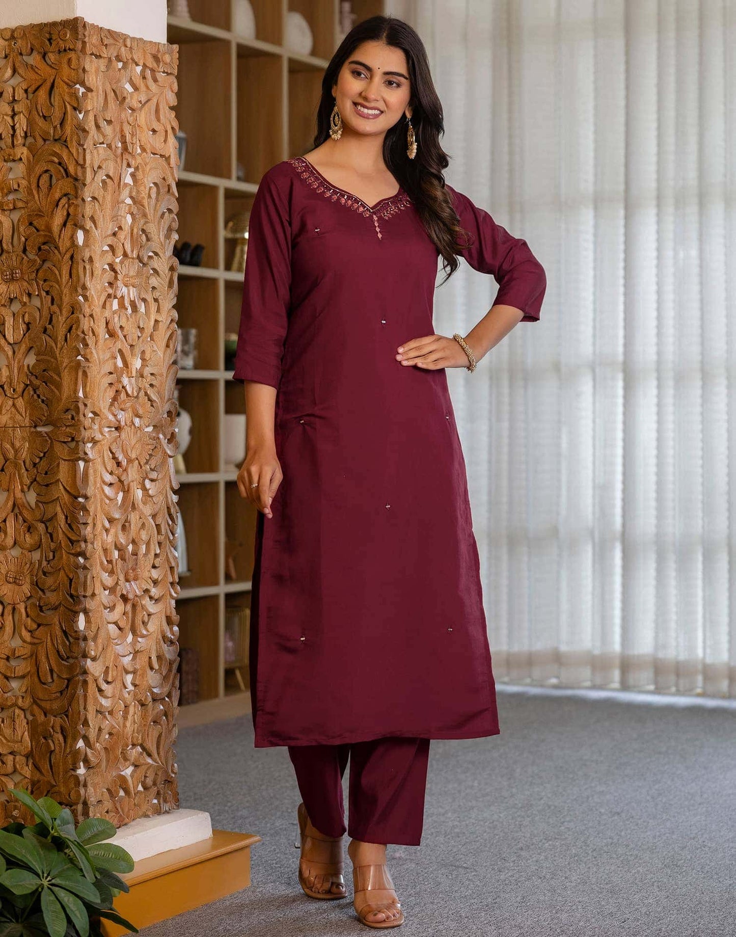 Silk Embroidery and Mirror Work Straight Kurta with Pant & Dupatta