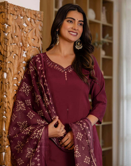 Silk Embroidery and Mirror Work Straight Kurta with Pant & Dupatta