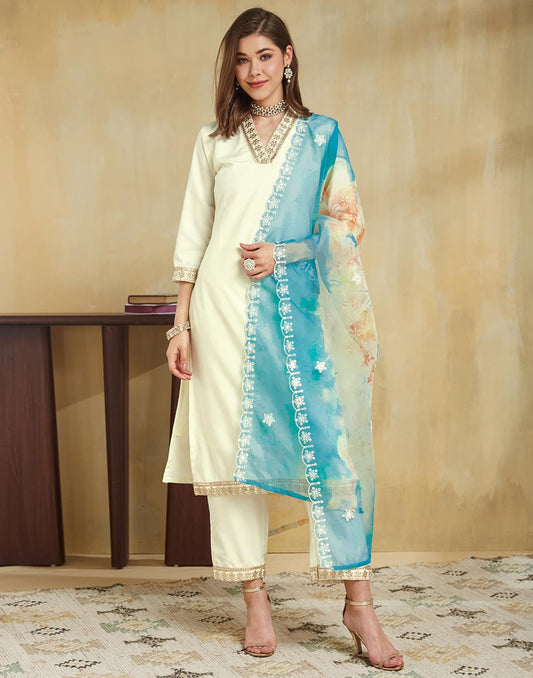 Beige Silk Embroidered Straight Kurta Set with Pant & Dupatta for Women