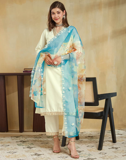 Beige Silk Embroidered Straight Kurta Set with Pant & Dupatta for Women