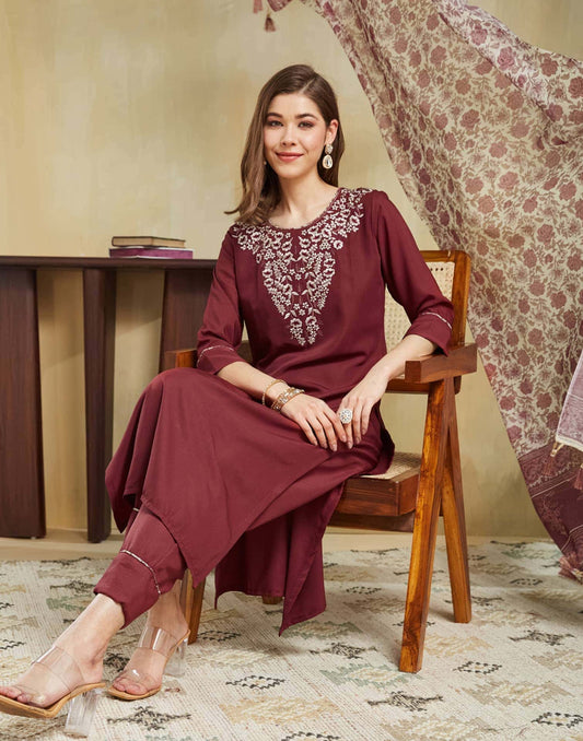 Silk Embroidery Work Straight Kurta with Pant & Dupatta