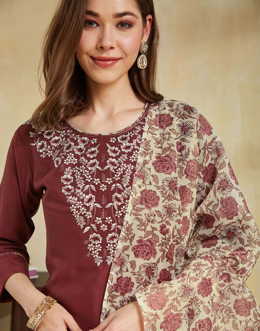 Silk Embroidery Work Straight Kurta with Pant & Dupatta