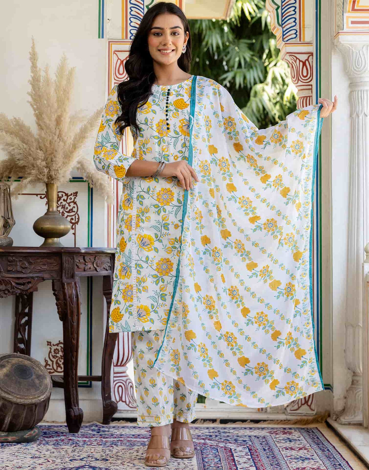 Cotton Floral Print A-Line Kurta with Pant & Dupatta