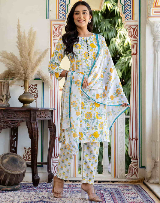 Cotton Floral Print A-Line Kurta with Pant & Dupatta