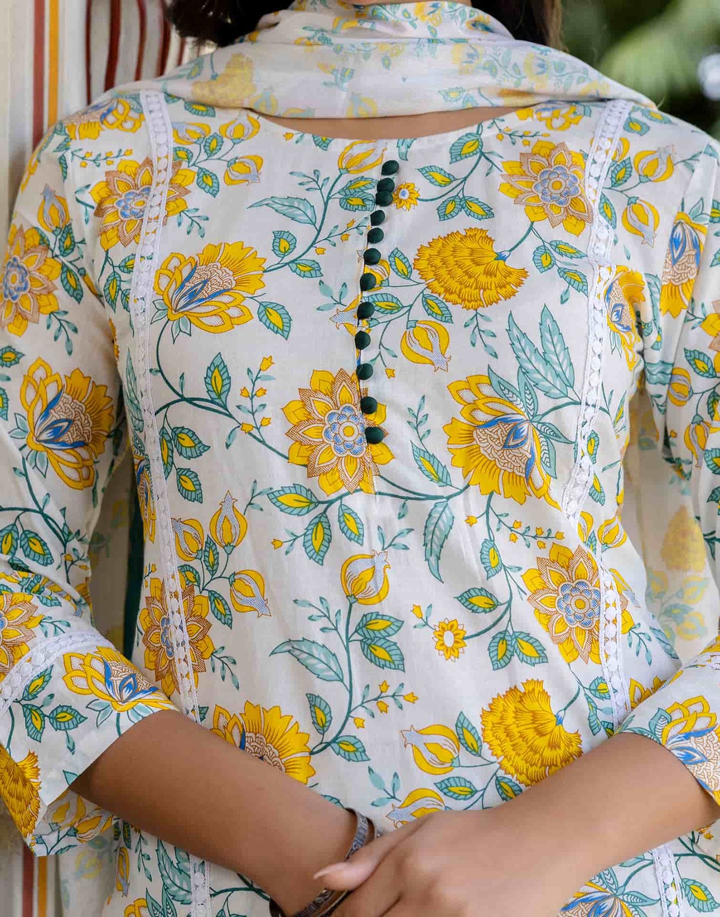 Cotton Floral Print A-Line Kurta with Pant & Dupatta