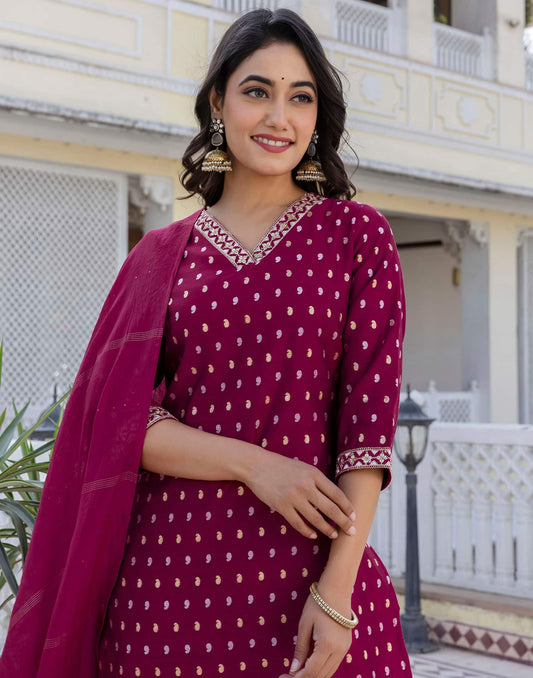 Purple Cotton Woven A-Line Kurta Set with Pant & Dupatta for Women