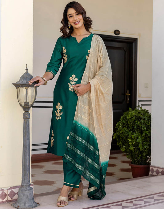 Green Cotton Printed Straight Kurta Set with Pant & Dupatta for Women