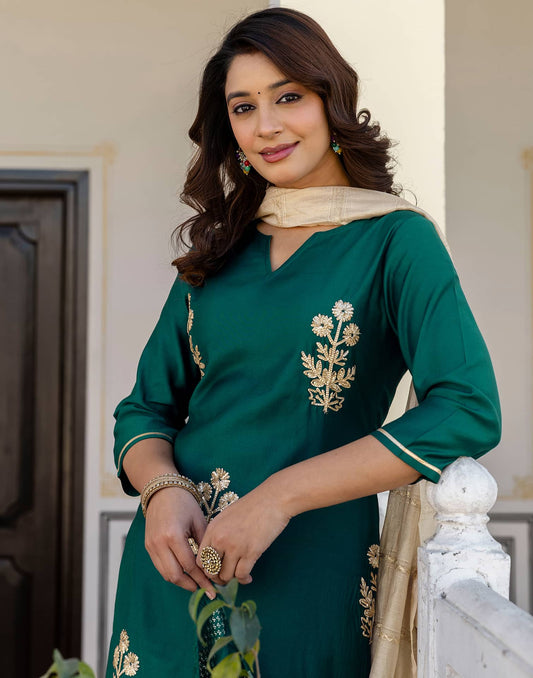 Green Cotton Printed Straight Kurta Set with Pant & Dupatta for Women