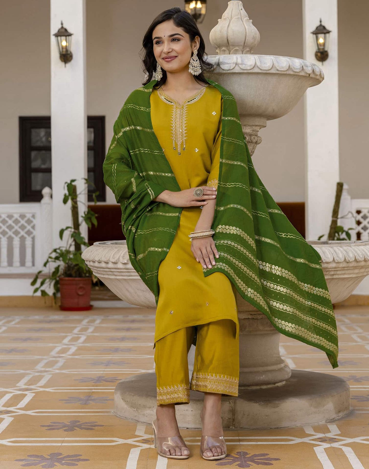 Silk Embroidered Straight Kurta with Pant & Dupatta