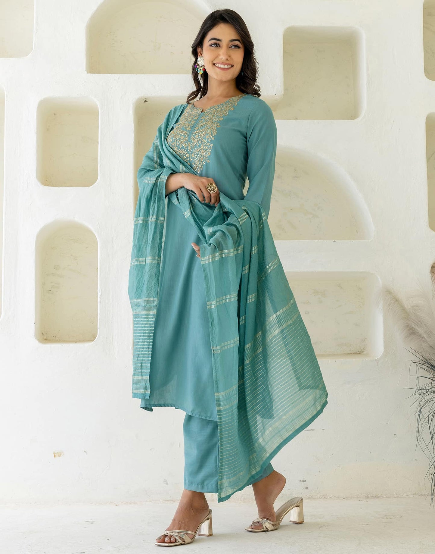 Cotton Embroidered Straight Kurta with Pant & Dupatta