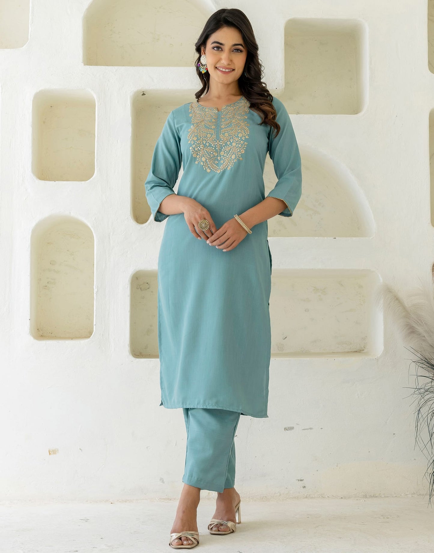 Cotton Embroidered Straight Kurta with Pant & Dupatta