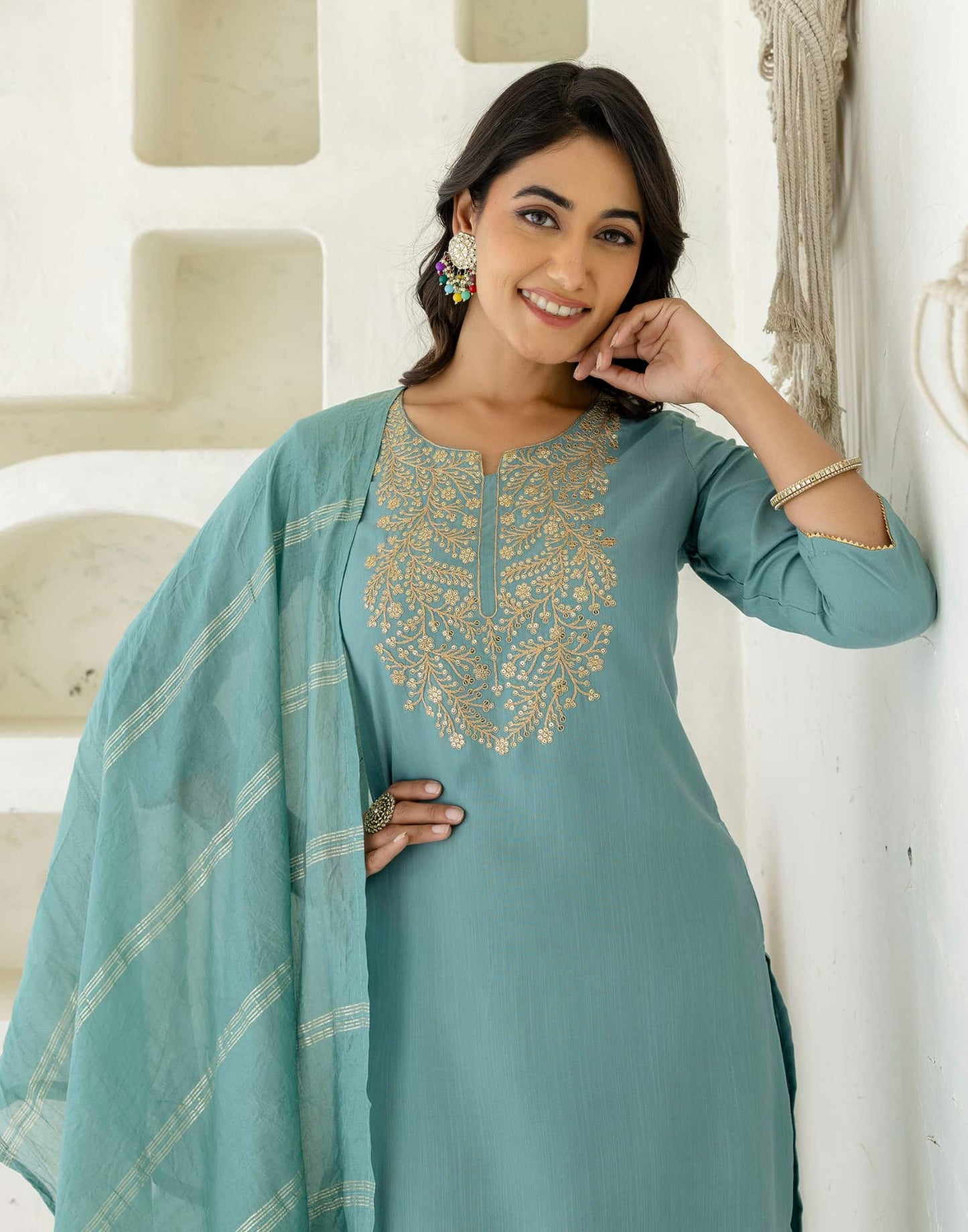 Cotton Embroidered Straight Kurta with Pant & Dupatta