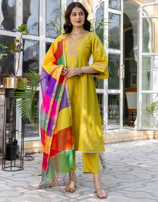 Yellow Silk Embroidered Anarkali Kurta Set with Pant and Dupatta