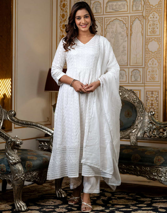 White Rayon Embroidered Anarkali Kurta Set with Pant and Dupatta