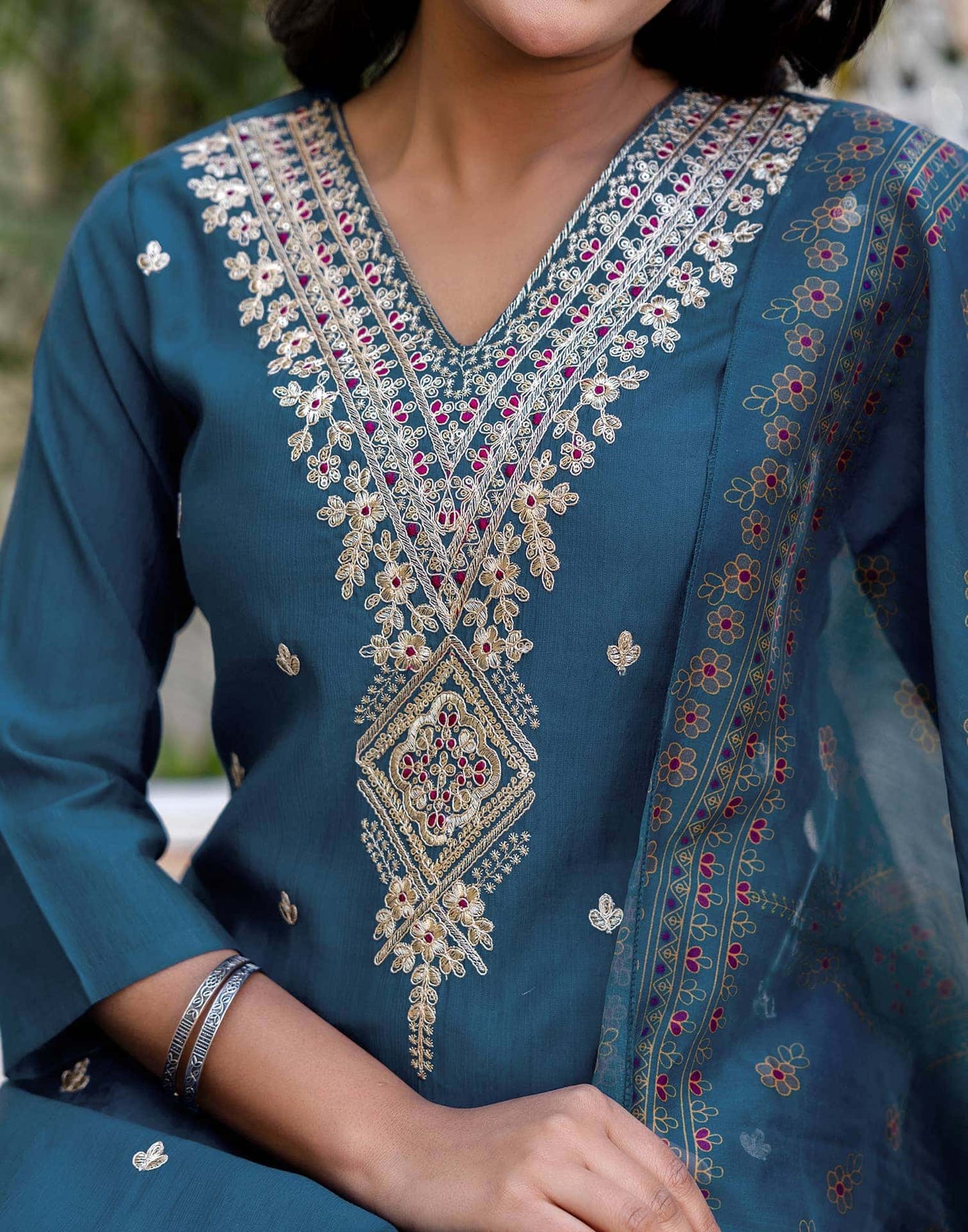 Silk Embroidery and Sequins Work Straight Kurta with Pant & Dupatta