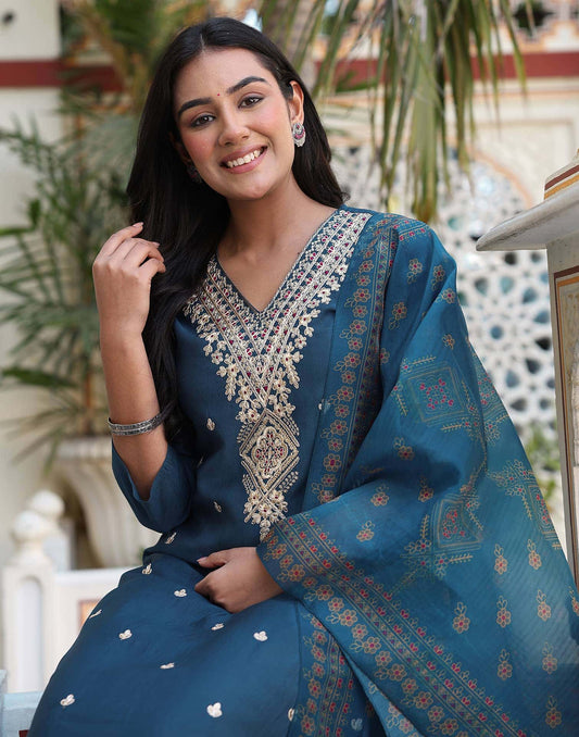 Silk Embroidery and Sequins Work Straight Kurta with Pant & Dupatta