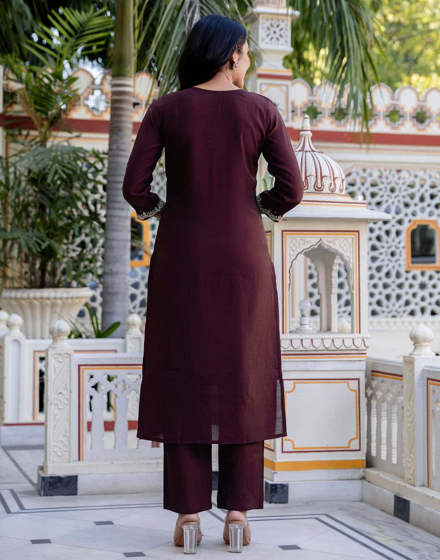Skylee Brown silk straight kurta set with embroidery and sequins work with pant and dupatta
