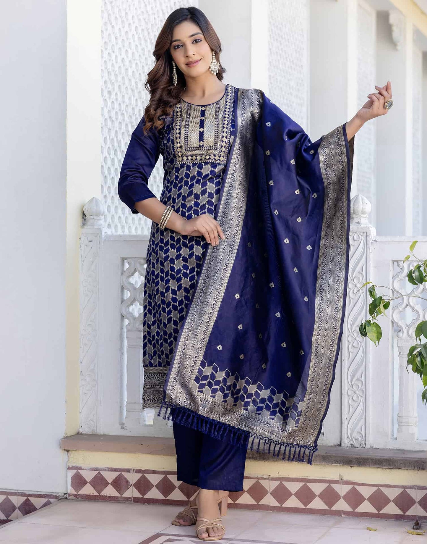 Silk Blend Weaving, Embroidery and Sequins Work A-Line Kurta with Pant & Dupatta