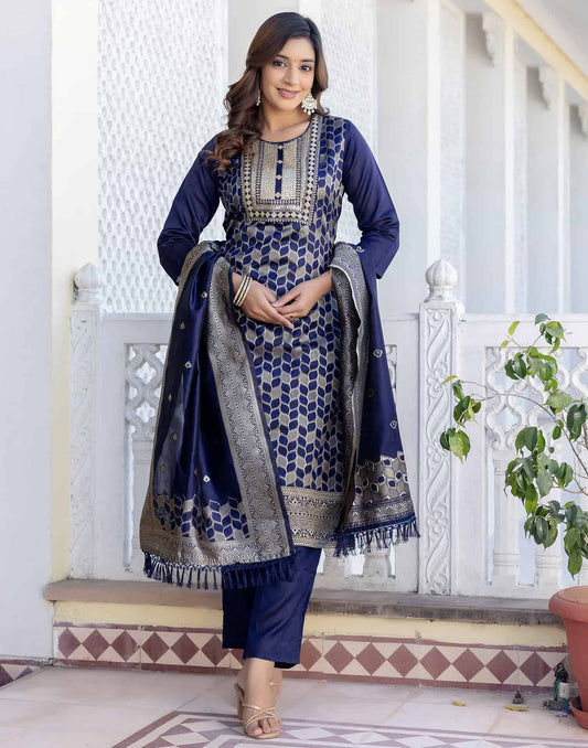 Silk Blend Weaving, Embroidery and Sequins Work A-Line Kurta with Pant & Dupatta