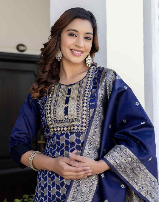 Silk Blend Weaving, Embroidery and Sequins Work A-Line Kurta with Pant & Dupatta