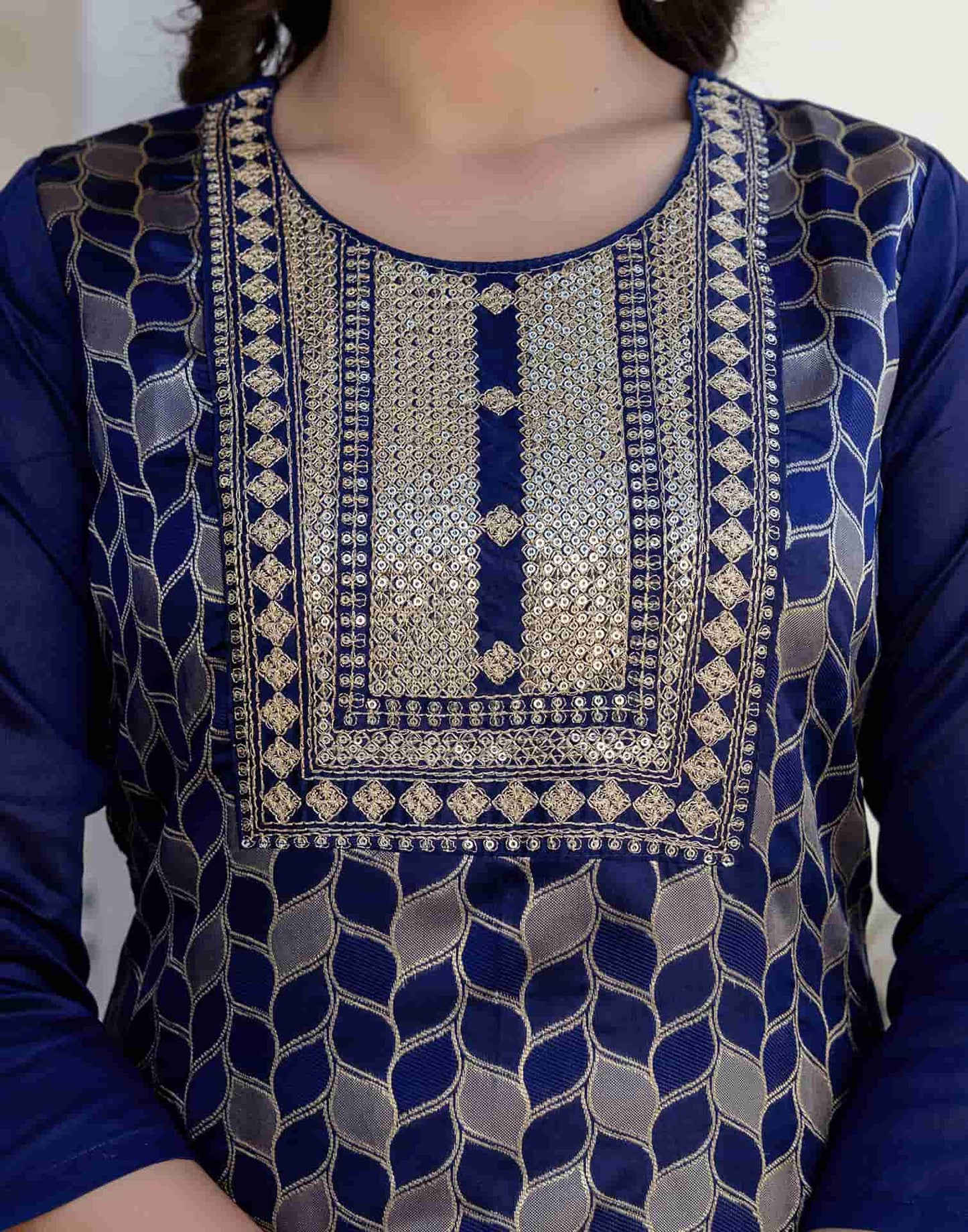 Silk Blend Weaving, Embroidery and Sequins Work A-Line Kurta with Pant & Dupatta